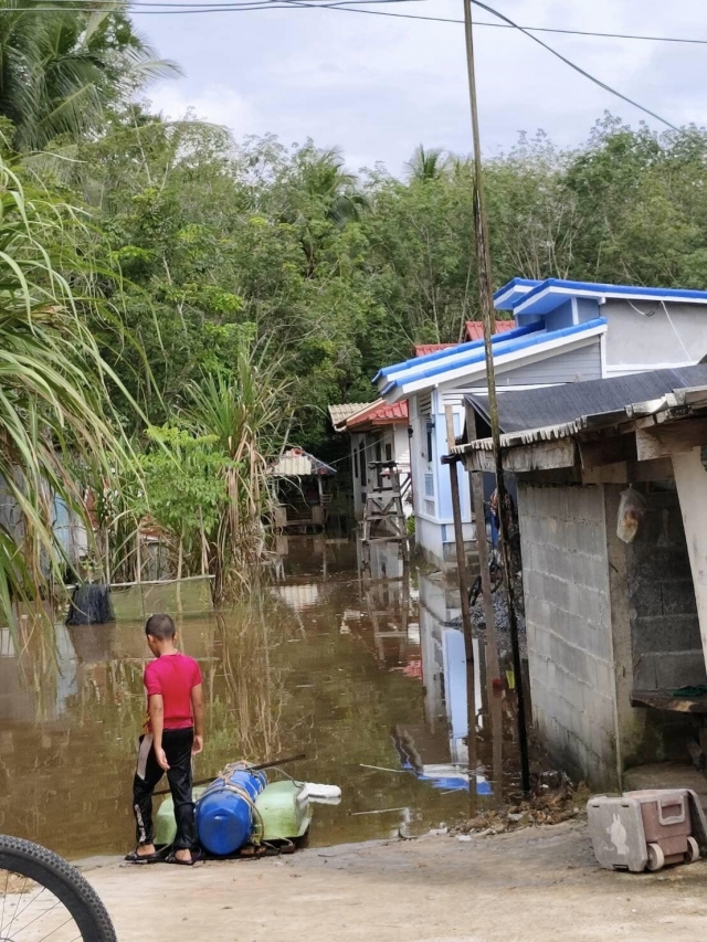 สำรวจสถานการณ์ระดับน้ำ หลังฝนตกหนักทำให้น้ำท่วมในพื้นที่ตำบลปุโละปุโย